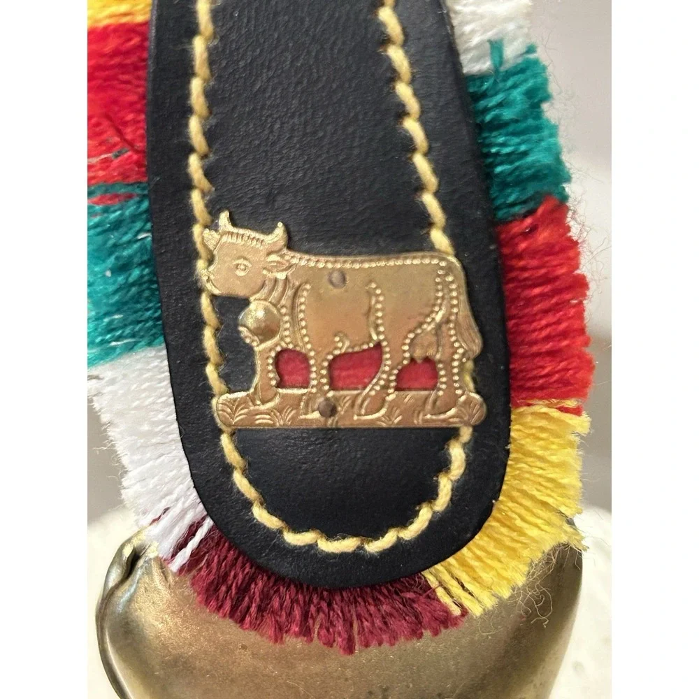 Vintage European Metal Cowbell With‎ Leather Strap, Colorful Fringe